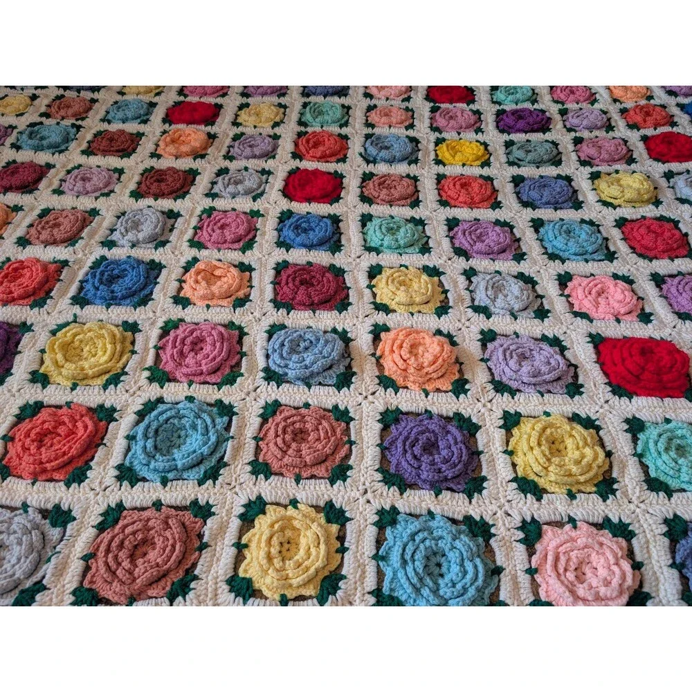 Vintage Handmade Multicolor 3D Roses Afghan Blanket Throw Cottagecore 51x72